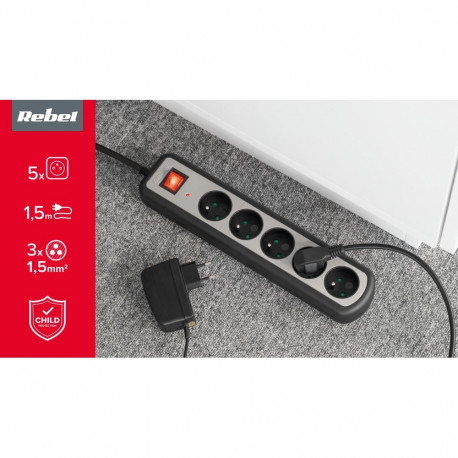 Listwa zasilajaca Rebel 5 gniazd z przełacznikiem, 1,5m (1,5mm)