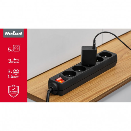 Rebel 5-pesaline 3 m prantsuse tüüpi lülitiga pikendusjuhe (3x1,5mm) must