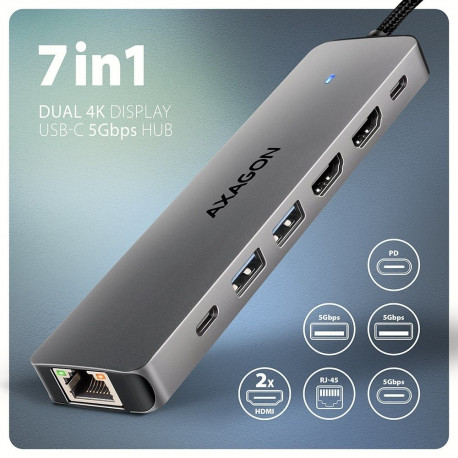 AXAGON HMC-7HX2 USB-jaotur, 2x USB-A, 1x USB-C