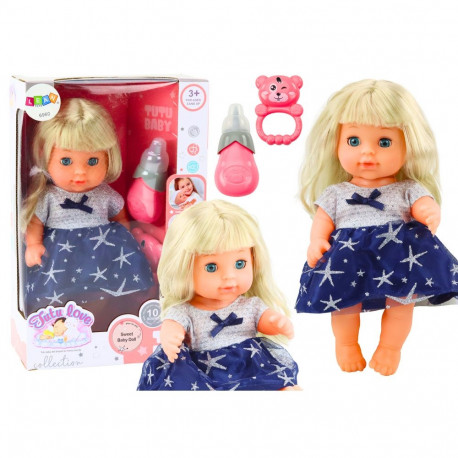 Lalka W Granatowej Sukience Siusiająca Butelka Grzechotka Dźwięki