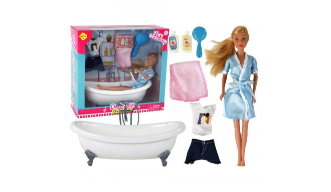 nukk lastele pikad blondid juuksed sinine hommikumantel vann vannituba