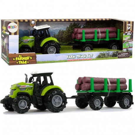 Roheline traktor puidupakkidega haagisega, taluhelidega