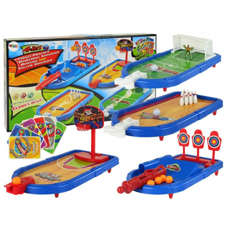 Zestaw Gier Zręcznościowych 4w1 Koszykówka Piłka Nożna Tarcza Kręgle Wyrzutnia