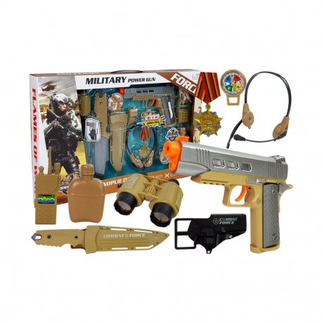 militaarne komplekt tarvikutega püstol nuga binokkel kõrvaklapid vile raadiosaatja heleroheline