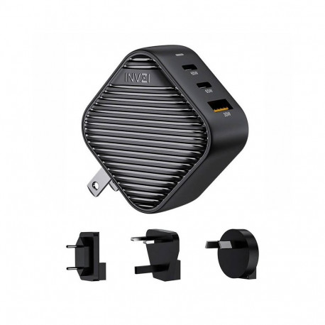 INVZI GanHub 2x USB-C + USB wall charger, 65W, EU/UK/AU/US (black)