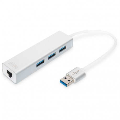 "DIGITUS USB-Hub 3-Port 3.0->3xA3.0 1xLAN integr. Kabel we"