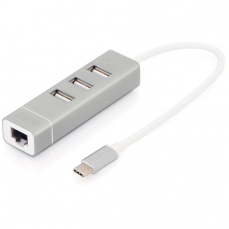 "DIGITUS USB Adapter USB2.0/C -> RJ45 Ethernet+3-Port-Hub wei"