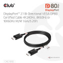 CLUB3D DisplayPort™ 2.1 Bi-Directional VESA DP80 Certified Cable 4K240Hz, 8K60Hz or 10K60Hz M/M 1.6m