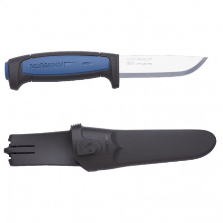 Morakniv Pro pussnuga – 2,0 mm roostevaba Scandi tera, 91 mm, sinine TPE käepide, polümeerist noatup