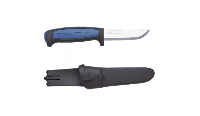 Morakniv Pro pussnuga – 2,0 mm roostevaba Scandi tera, 91 mm, sinine TPE käepide, polümeerist noatup