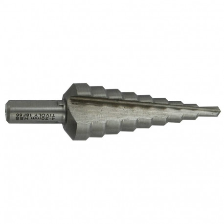 Step drill Ø4-20 mm, HSS. Step 2 mm. Straight flute. Bright, uncoated. T Line