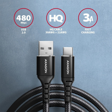 AXAGON BUCM-AM15AB andme- ja laadimiskaabel, 1.5 m, USB Type-C to USB Type-A