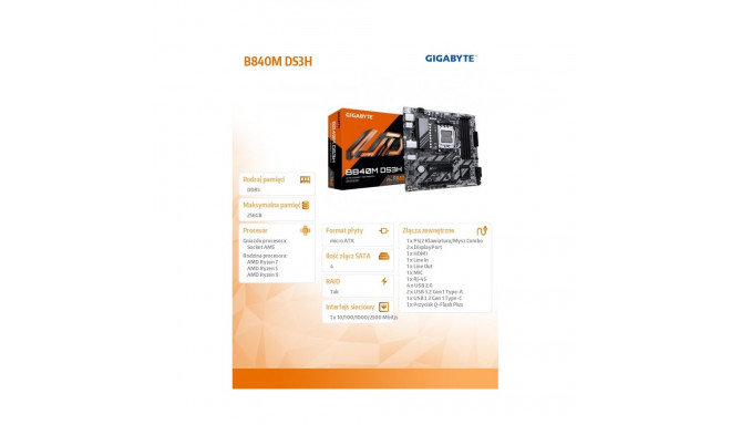 Motherboard B840M DS3H AM5 4DDR5 HDMI/2DP mATX