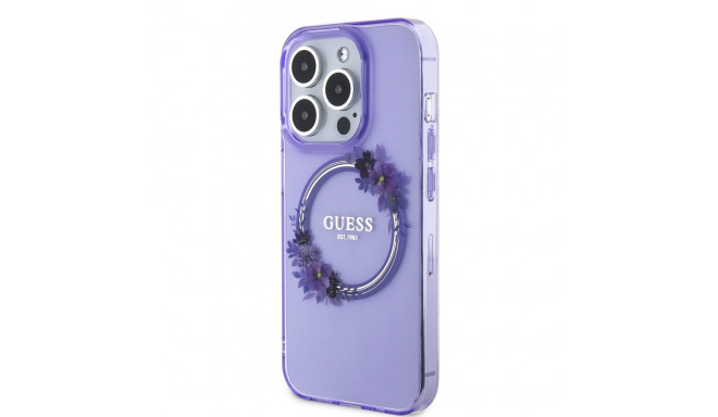 Guess PC|TPU Flowers Ring Glossy Logo MagSafe Case for iPhone 15 Pro Max purple