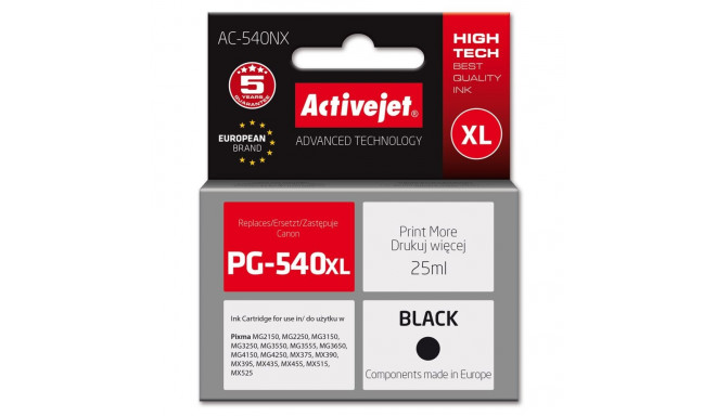 Activejet AC-540NX tint Canon printerile (asendus Canon PG-540XL-le) Supreme, 25 ml, must