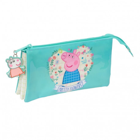 Kolme tõmblukuga pliiatsikarp Peppa Pig Pretty flowers Kollane Mündiroheline 22 x 12 x 3 cm