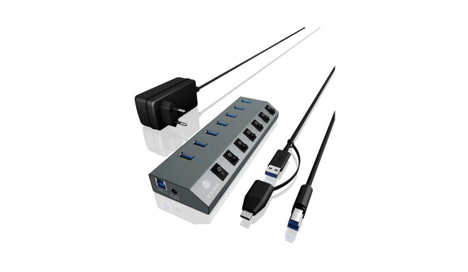 "USB3.0 HUB 7Port ICY BOX 7xUSB3.0 (An-/Ausschalter für jeden Port) aktiv mit Netzteil Grey"
