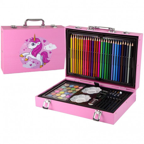 Suur 145-osaline kunstikomplekt kohvris, roosa üksisarvik