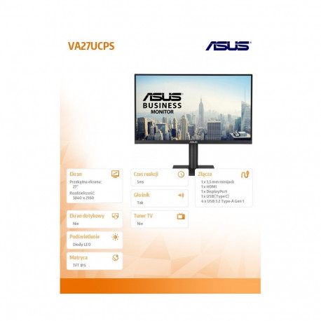 Monitor 27 inch VA27UCPS 4K UHD IPS USB-C65 HDR10 HDMI DP USB3.0x4 H:0-150MM PIVOT