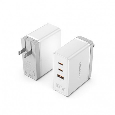 Vention 3-Port USB (C+C+A) GaN Charger (100W/100W/30W) EU-Plug White