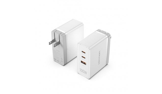 Vention 3-Port USB (C+C+A) GaN Charger (100W/100W/30W) EU-Plug White