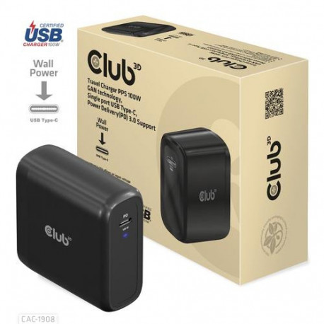 CLUB3D Travel Charger 100 Watt GAN technology, USB-IF TID certified, Single port USB Type-C, Power D