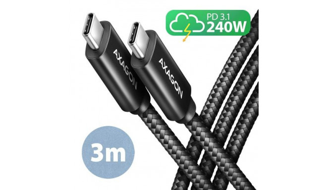 Axagon BUCM2-CM30AB Ladekabel USB-C zu USB-C 2.0, 3 m, PD 240 W 5 A, ALU - Schwarz - 3 Meter langes 
