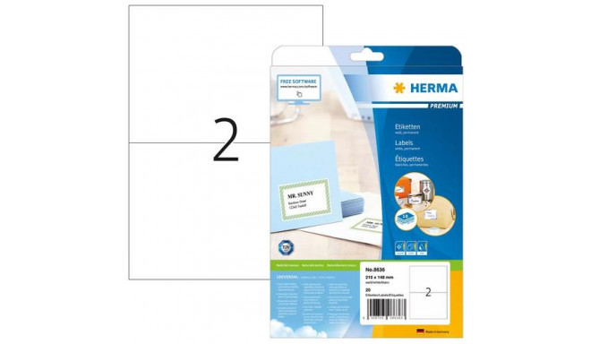 HERMA Labels Premium A4 210x148 mm white paper matt 20 pcs.