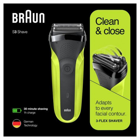 Braun Series 3 300 Electric Shaver, Razor for Men, Black/Volt Green