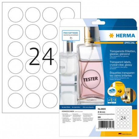 HERMA Labels transparent crystal-clear A4 Ø 40 mm round transparent clear film glossy 600 pcs.