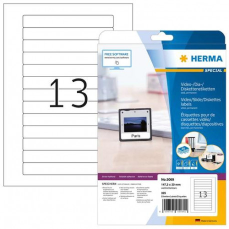 HERMA Video labels A4 147.3x20 mm white paper matt 325 pcs.