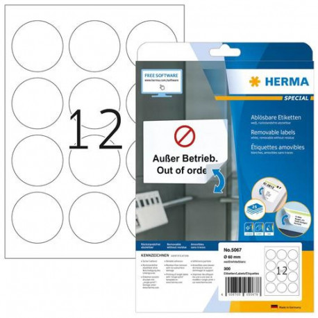 HERMA Removable labels A4 Ø 60 mm round white Movables/removable paper matt 300 pcs.