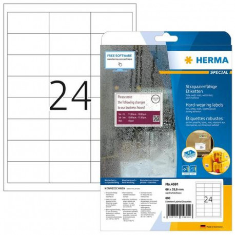 HERMA Labels hard-wearing A4 66x33.8 mm white strong adhesion film matt weatherproof 600 pcs.