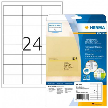 HERMA Labels transparent matt A4 66x33.8 mm film 600 pcs.