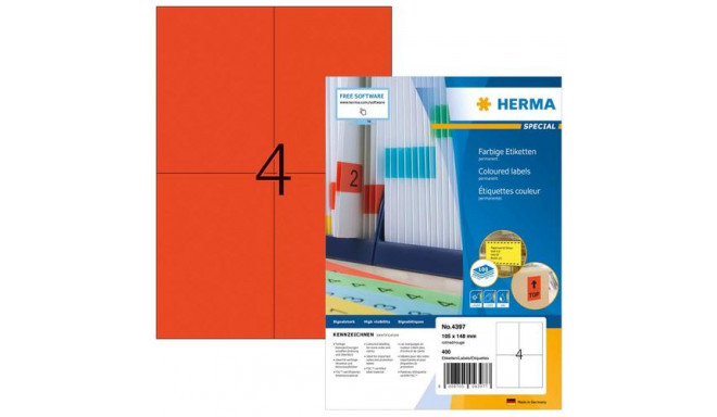 HERMA Coloured Labels A4 105x148 mm red paper matt 400 pcs.