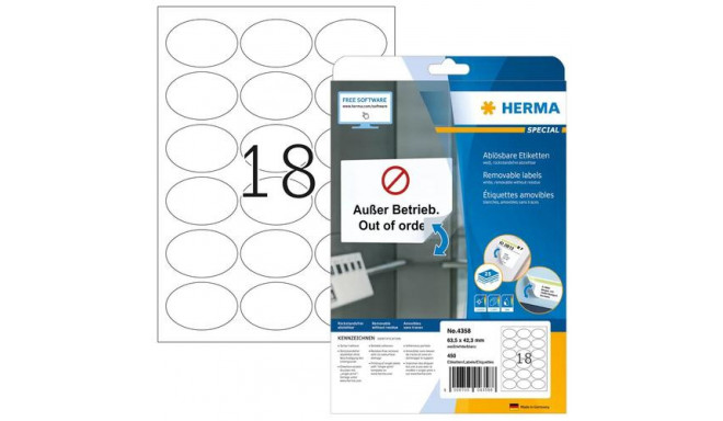 HERMA Removable labels A4 63.5x42.3 mm oval white Movables/removable paper matt 450 pcs.