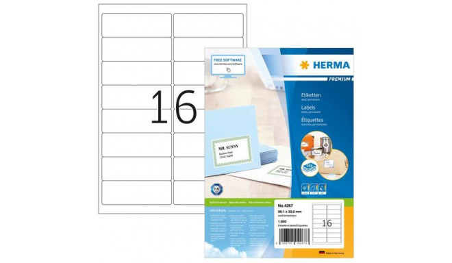 HERMA Address labels Premium A4 99.1x33.8 mm white paper matt 1600 pcs.