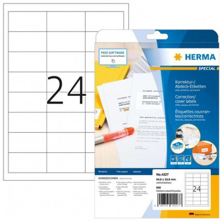 HERMA Correction/covering labels A4 64.6x33.8 mm white paper matt opaque 600 pcs.