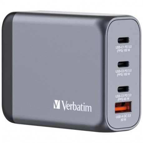Verbatim GNC-100 GaN Charger 100W with 2 x USB-C PD 100W / 1 x USB-C PD 65W / 1 x USB-A QC 3.0 (EU/U