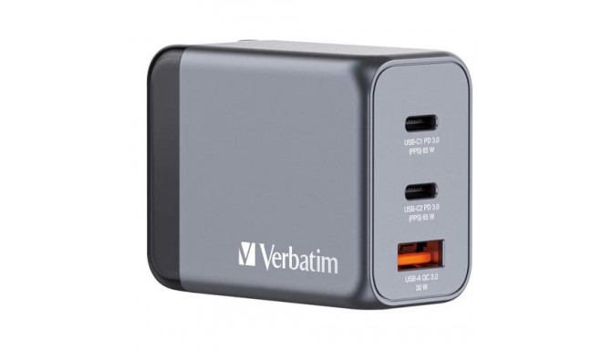Verbatim GNC-65 GaN Charger 65W with 2 x USB-C PD 65W / 1 x USB-A QC 3.0 (EU/UK/US)