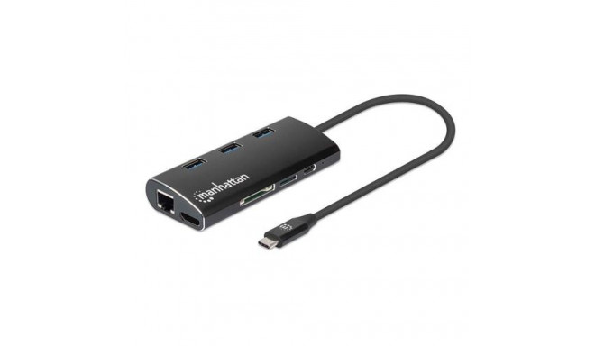 Manhattan USB-C Dock/Hub with Card Reader, Ports (x6): Ethernet, HDMI, USB-A (x3) and USB-C, With Po
