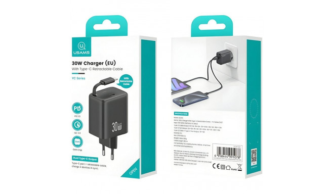 USAMS 1xUSB-C laadija koos väljatõmmatava USB-C-ga väljatõmmatav PD+QC 30W Gan kiirlaadimine must