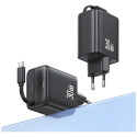 USAMS Charger 1xUSB-C with retractable USB-C Retractable PD+QC 30W Gan Fast Charging black/blac