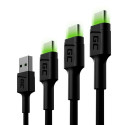 Green Cell Set 3x GC Ray USB-C Cable 30cm, 120cm, 200cm with green LED backlight, fast charging UC, 