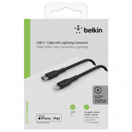 Belkin Lightning/USB-C kaabel 1m punutud, mfi sert., must