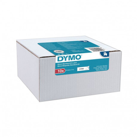 Dymo D1 lint 12 mm x 7 m, must valgel taustal, 10-pakk