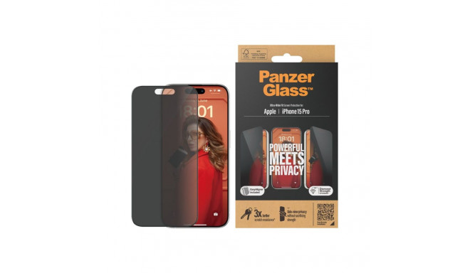 PanzerGlass Privacy Ultra Wide Fit karastatud klaas, iPhone 15 Pro, must raam