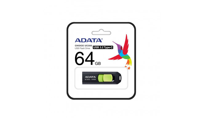 ADATA UC300 64GB USB 3.2 must ja roheline mälupulk