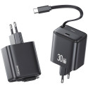 USAMS Charger 1xUSB-C with retractable USB-C Retractable PD+QC 30W Gan Fast Charging black
