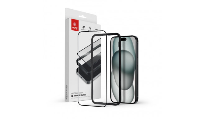 Crong Anti-Bacterial 3D Armour Glass - Szkło hartowane 9H Full Glue do iPhone 16 / iPhone 15 + ramka